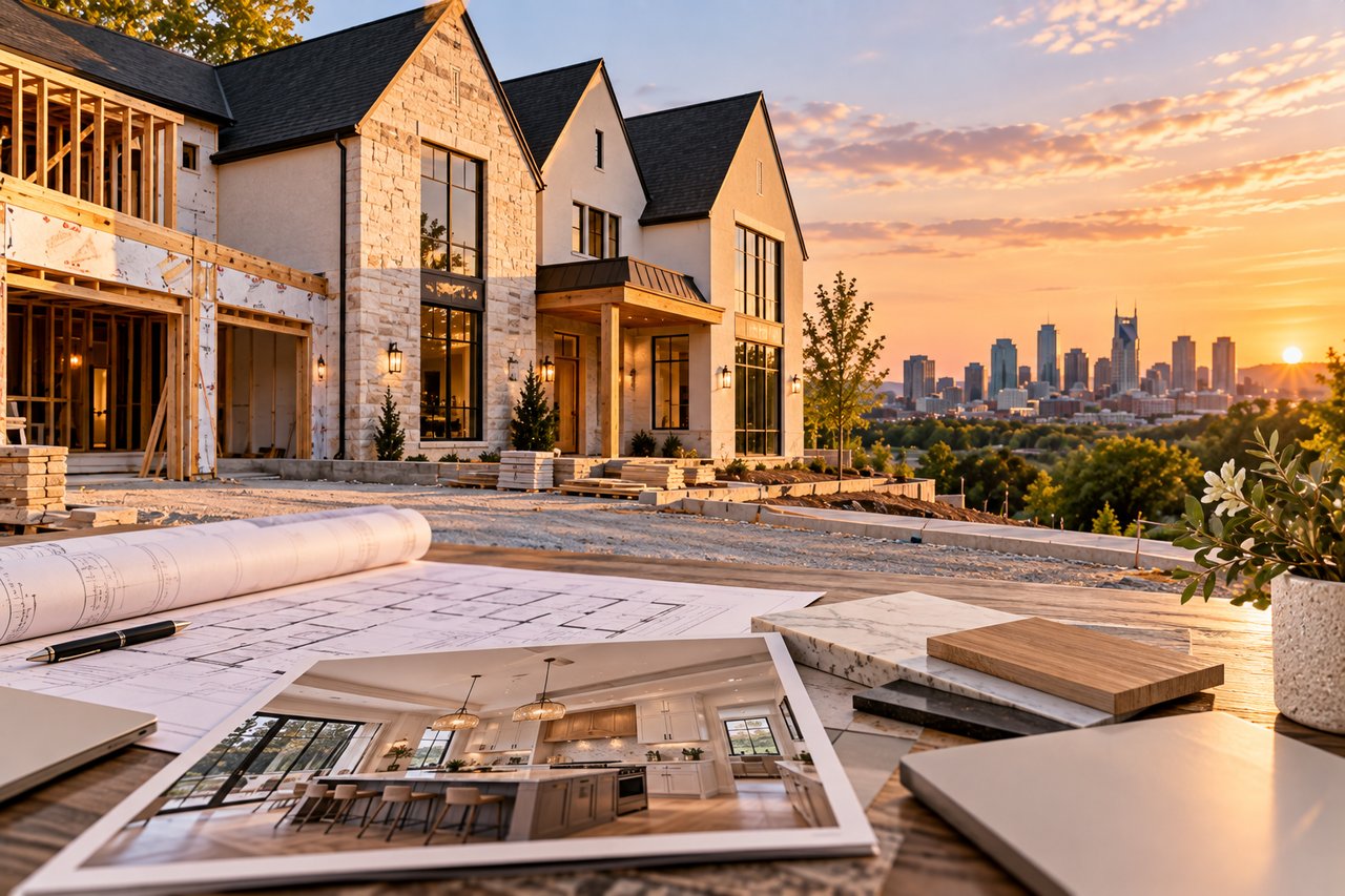 Luxury new construction home in Nashville with architectural plans and premium material selections, illustrating what buyers should consider when purchasing a newly built home in 2026.