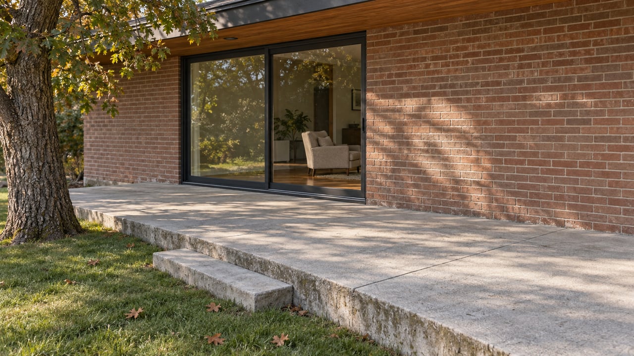 Brick house exterior with wide sliding glass doors, raised concrete patio, and autumn tree.