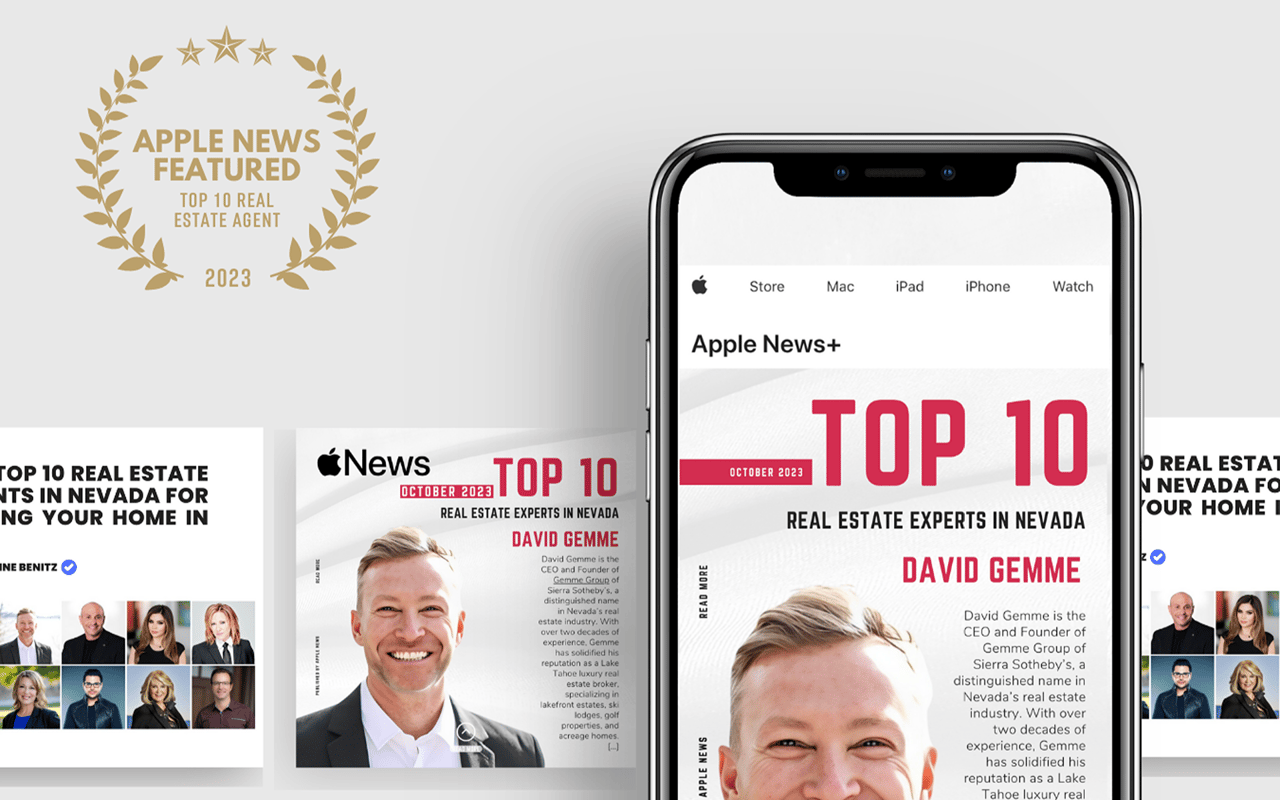 Promotional graphic showing David Gemme featured among Nevada’s top 10 real estate experts in Apple News.