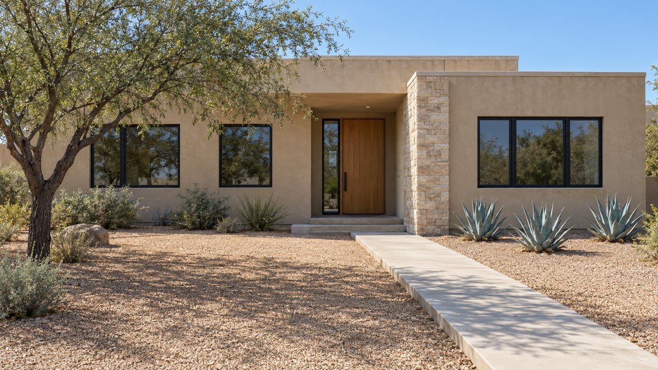 Single-story sand-colored stucco home with black-framed windows, a recessed oak entrance, and a spacious gravel garden with an ironwood tree and three agaves.
