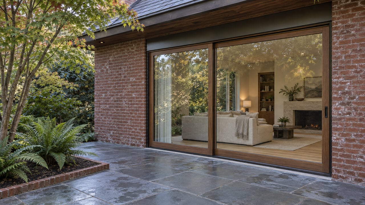 Brick house with a closed timber-framed glass door opening onto a bluestone terrace bordered by ferns and a vine maple.