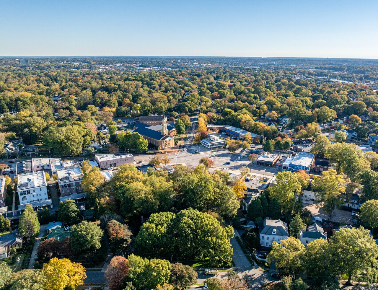 Aerial view of Hayes Barton and Five Points neighborhoods in Raleigh North Carolina with tree-lined residential streets