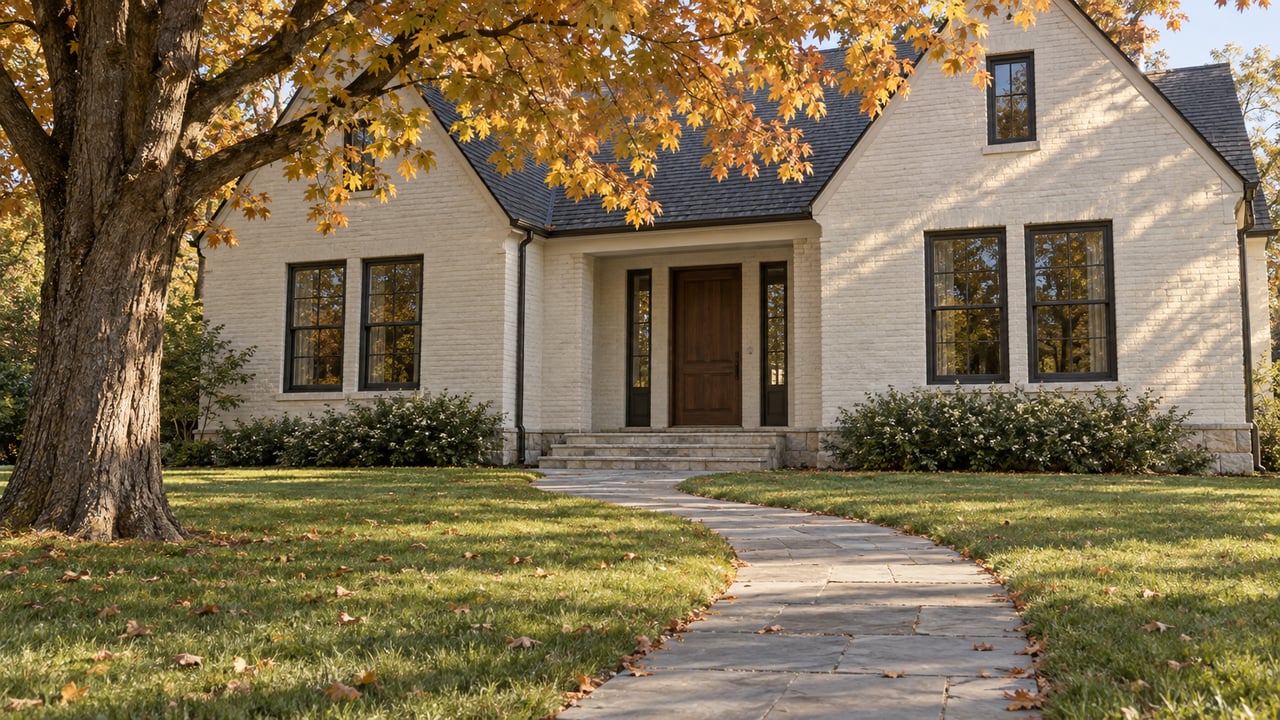 Cream-brick house with a recessed entry, curving stone walk, broad lawn, and amber maple canopy.