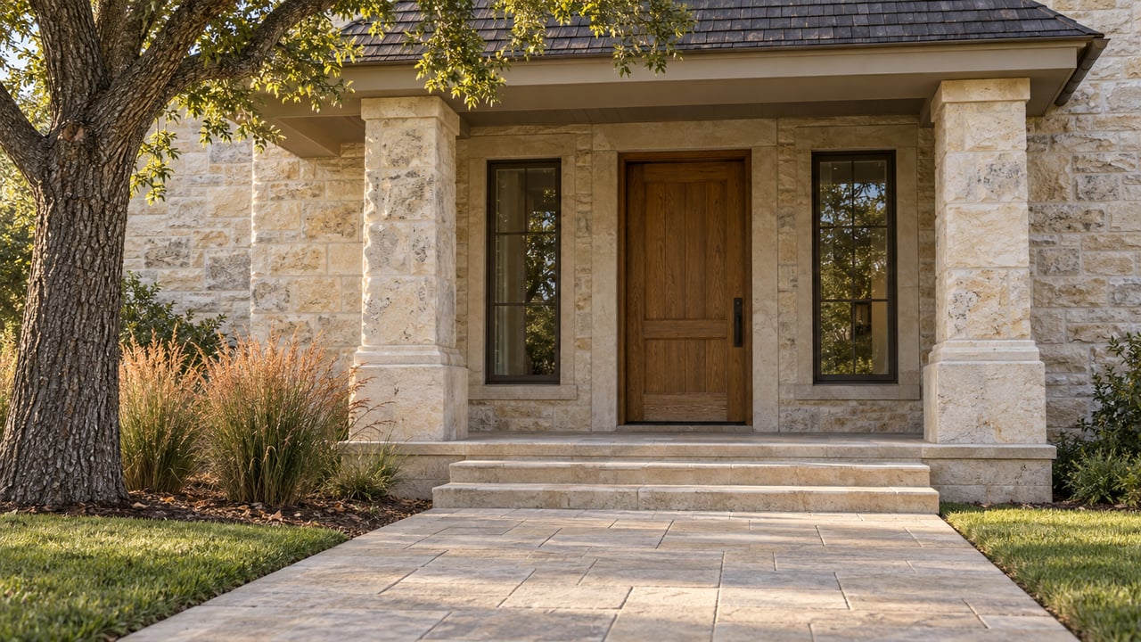 Limestone home entrance with an oak door, deep-set windows, stone steps and autumn grasses beside a mature oak.