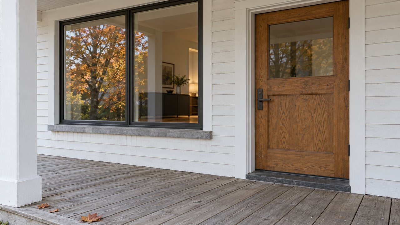Covered porch with an oak entry door, white clapboard siding, charcoal-framed window and weathered cedar floor in soft autumn light.