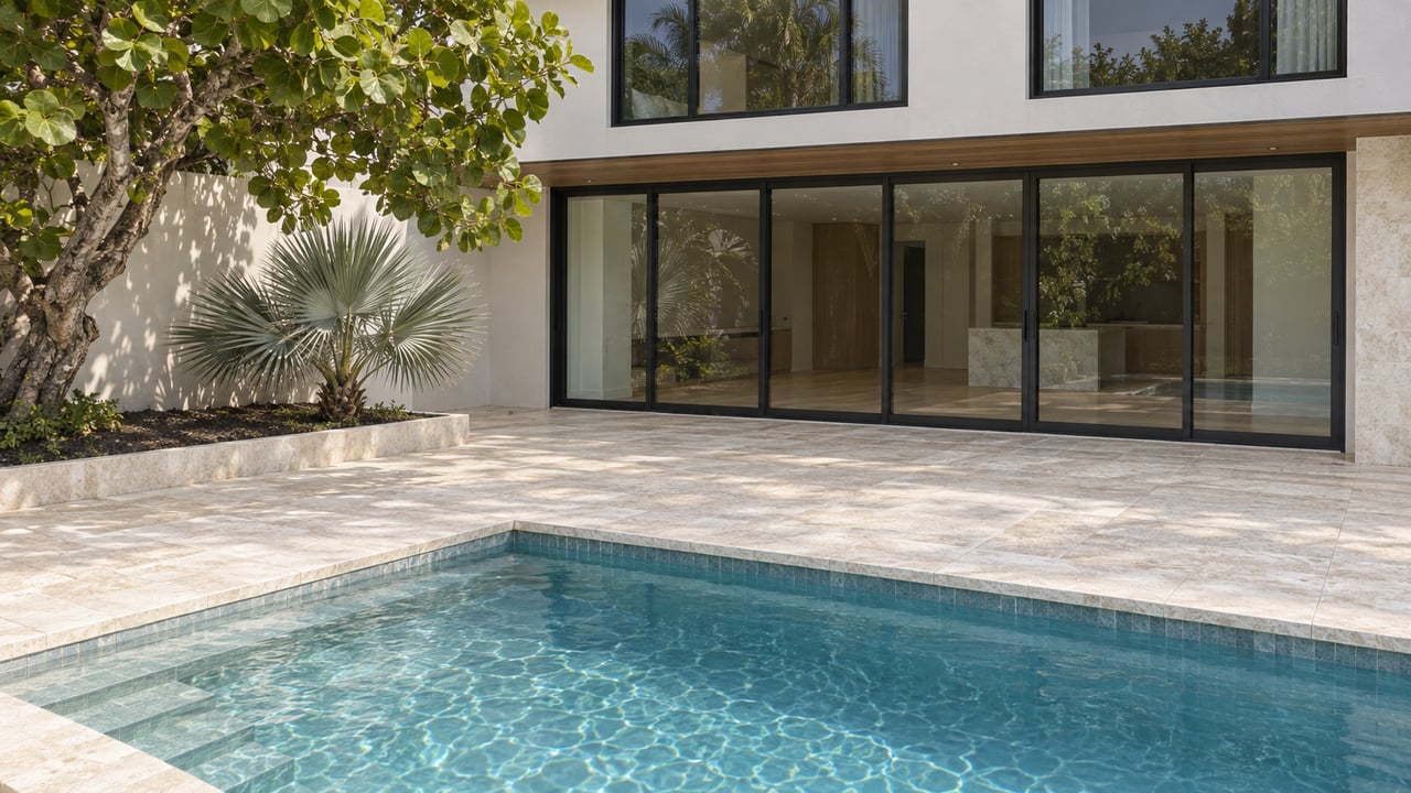 Rectangular pool beside a limestone deck and warm-white two-story house, with broad-leaved tree and silvery palm.