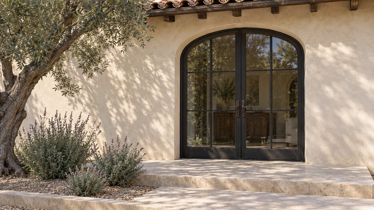 Sunlit ivory stucco home with arched steel-framed glass doors, a limestone step, and a mature olive tree.