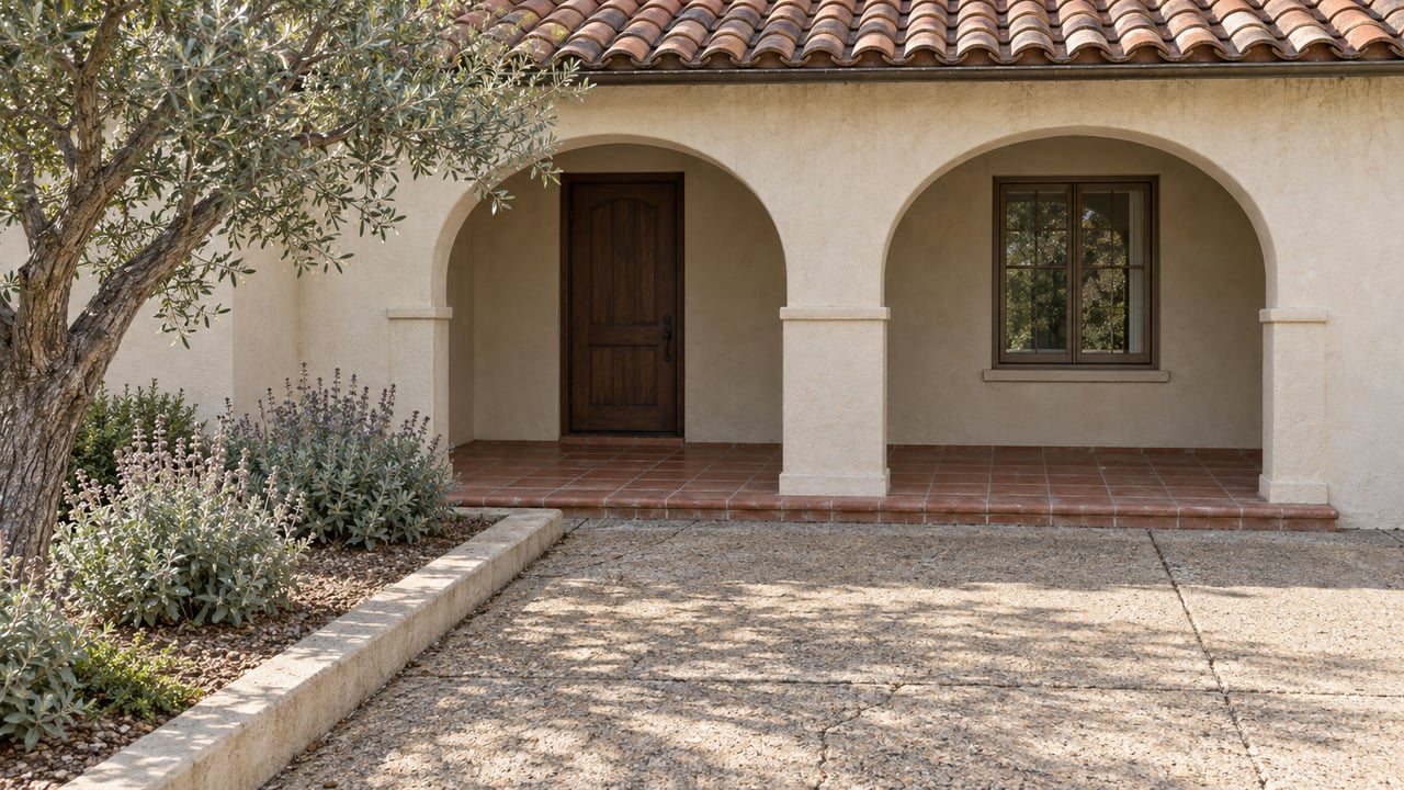 Weathered clay roof above an ivory stucco porch with two arches, a timber door and bronze-framed window, beside an olive tree and sage-lined approach.