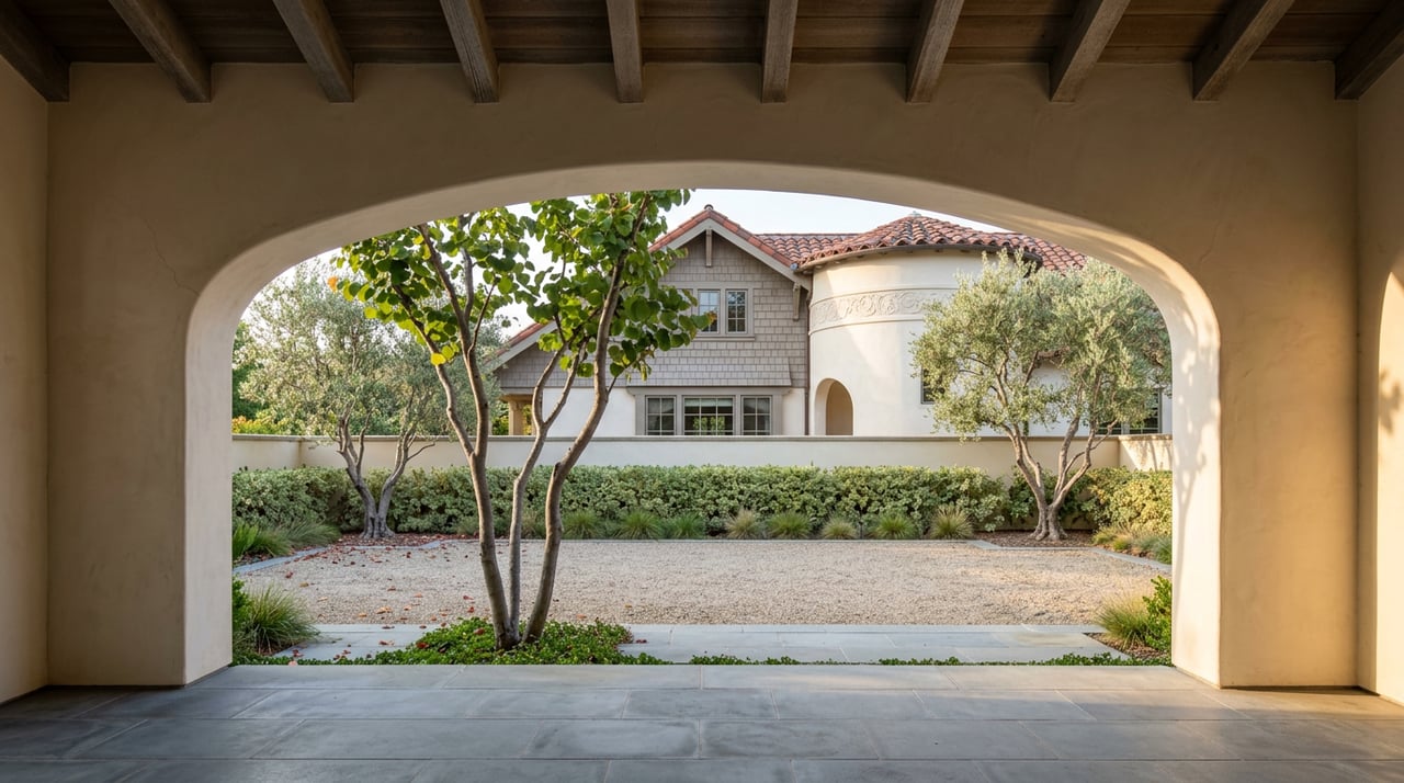 Stucco archway frames a gravel motor court, shingle-clad wing, rounded tower, olive trees and redbud.