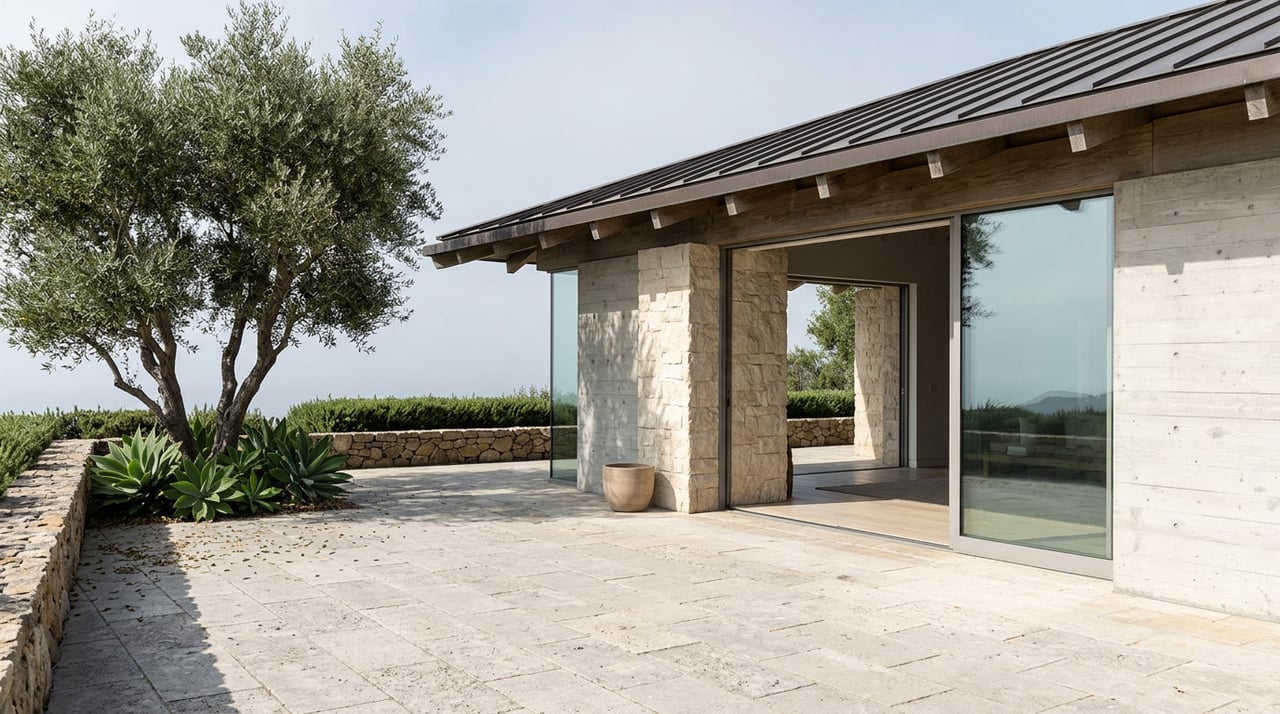 Contemporary estate with a sliding glass wall, stone terrace, olive tree, and agaves.