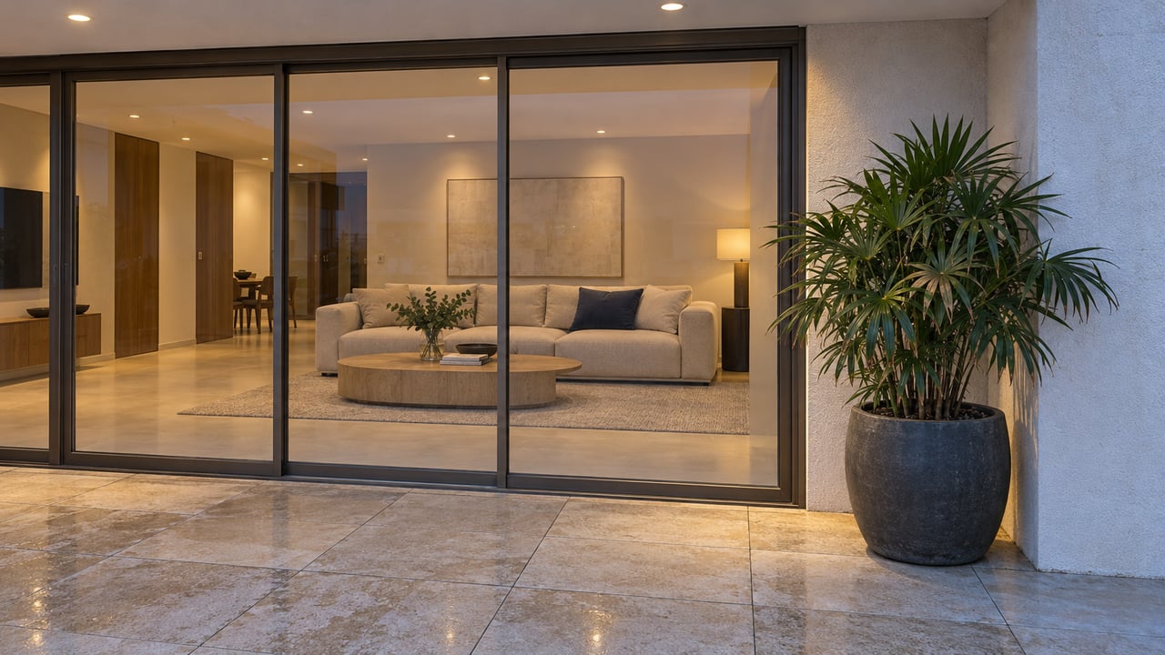 Blue-hour terrace with limestone paving, bronze-framed glass doors, a warmly lit living room, and one potted lady palm.