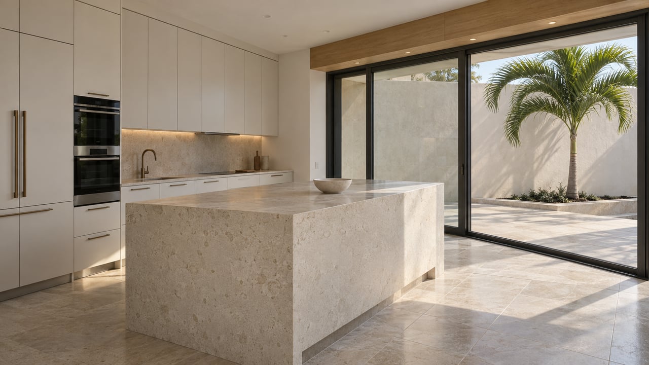 Pale limestone kitchen island with a ceramic bowl beside closed glass doors overlooking a planted terrace.