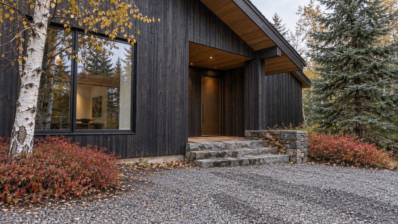 Charcoal-clad house with recessed timber entry, stone steps, damp gravel court, and autumn birch leaves.