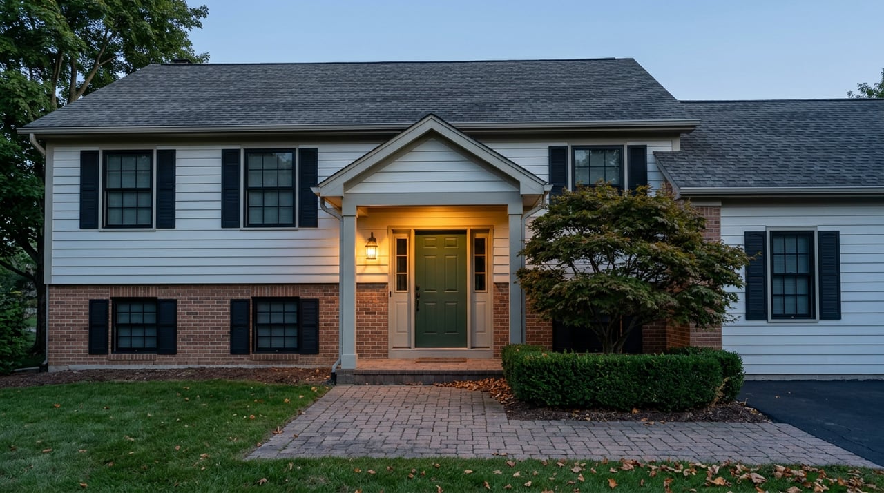 Two-story brick-and-clapboard house with a green front door, glowing porch lantern, and Japanese maple by the entry.
