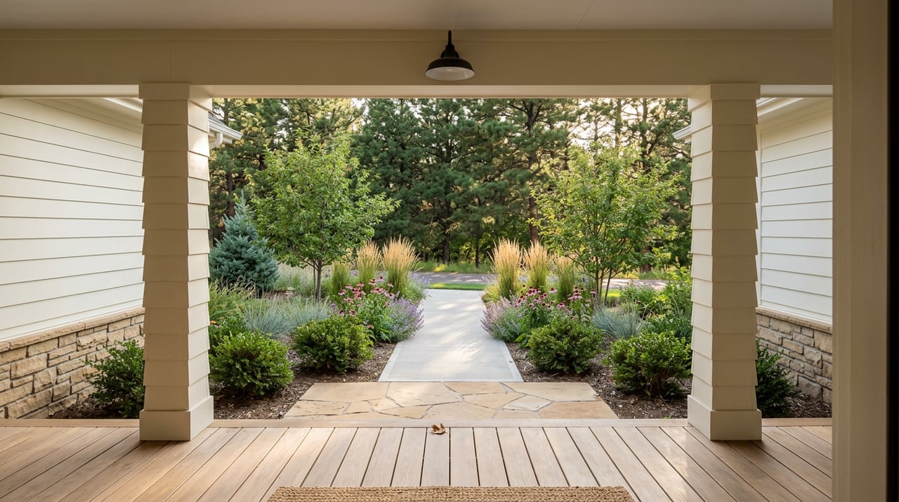 Porch with ivory columns overlooks a concrete walk bordered by planting beneath dense canopy.