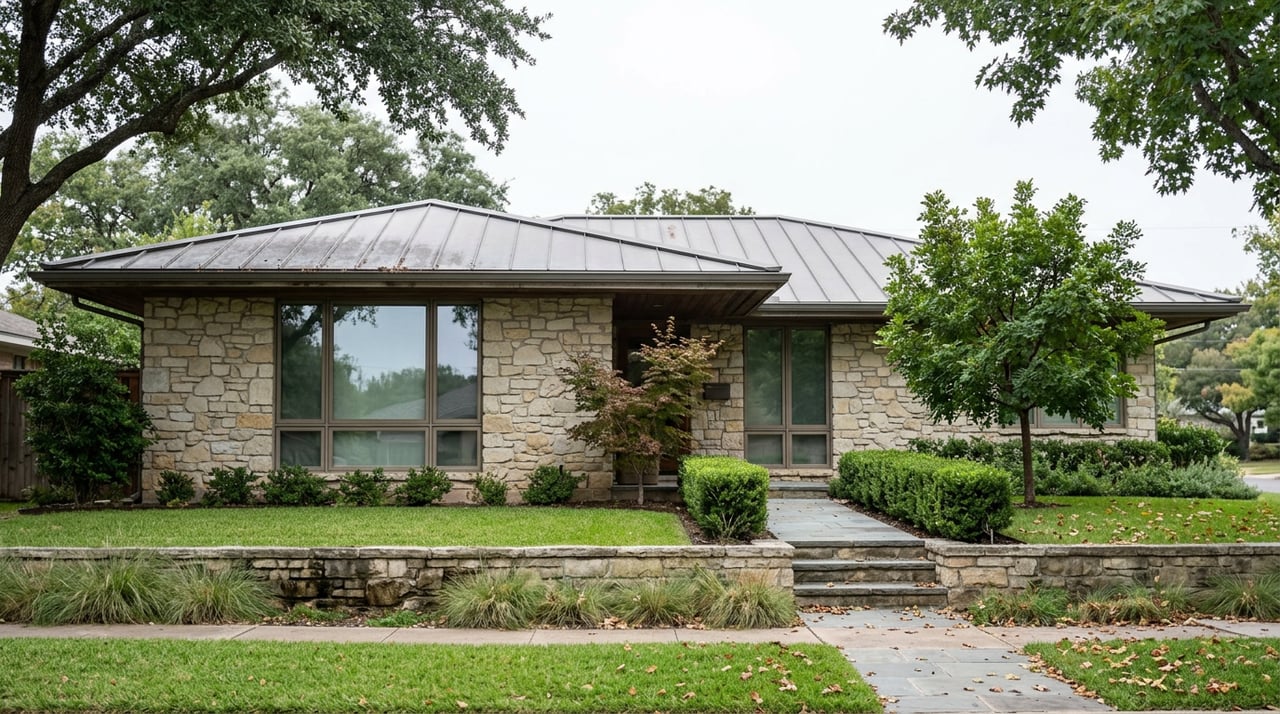 Stone-clad ranch home with a metal gable roof, garden path, retaining wall, and mature trees.