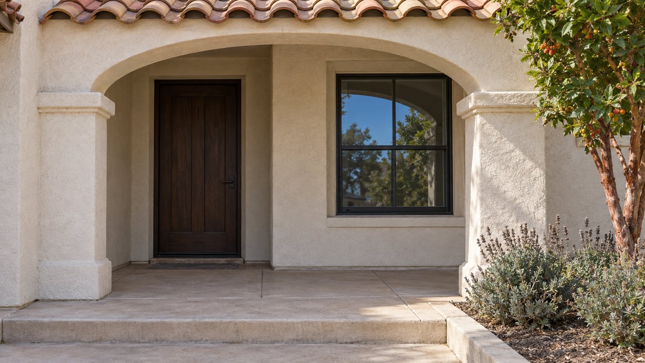 Sunlit ivory stucco home entrance with a clay-tile eave, arched porch, oak door, and planting beside a concrete landing.