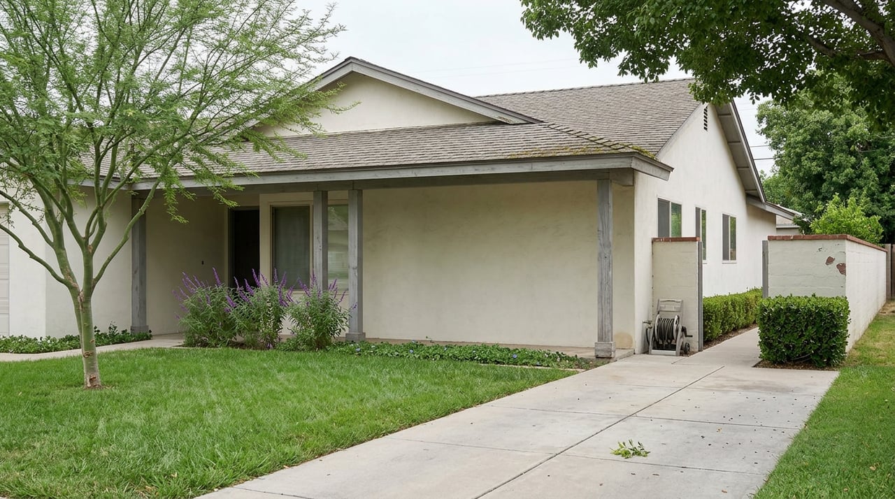 Single-story stucco home with a recessed entry, palo verde tree, and paved side path beside a low masonry wall.