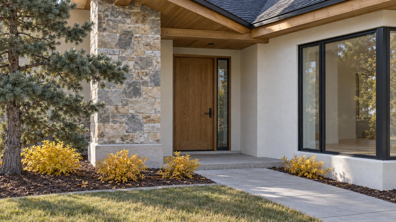 Close view of a timber-and-stone home entrance, black-framed window, concrete walkway, and autumn shrubs.