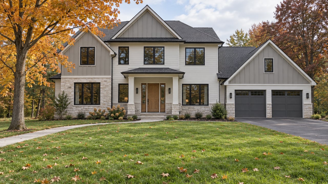 Autumn trees flank a layered-gable home with pale siding, limestone accents and a deep front lawn.