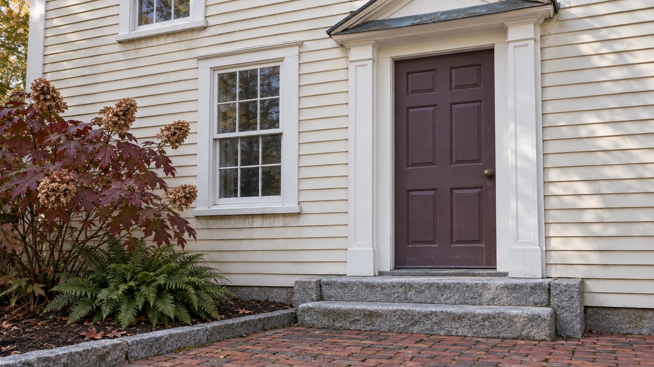 Cream clapboard house with a plum paneled door, granite steps, brick approach and burgundy oakleaf hydrangea.