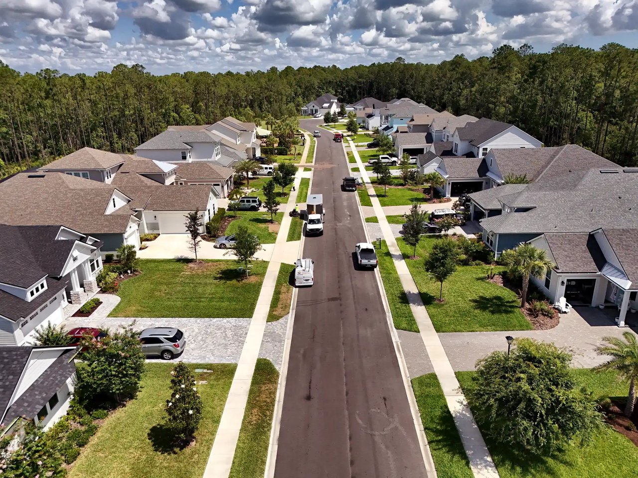 Aerial view of a tree-lined Palm Crest street with sidewalks and single- and two-story homes, ending at the preserve.