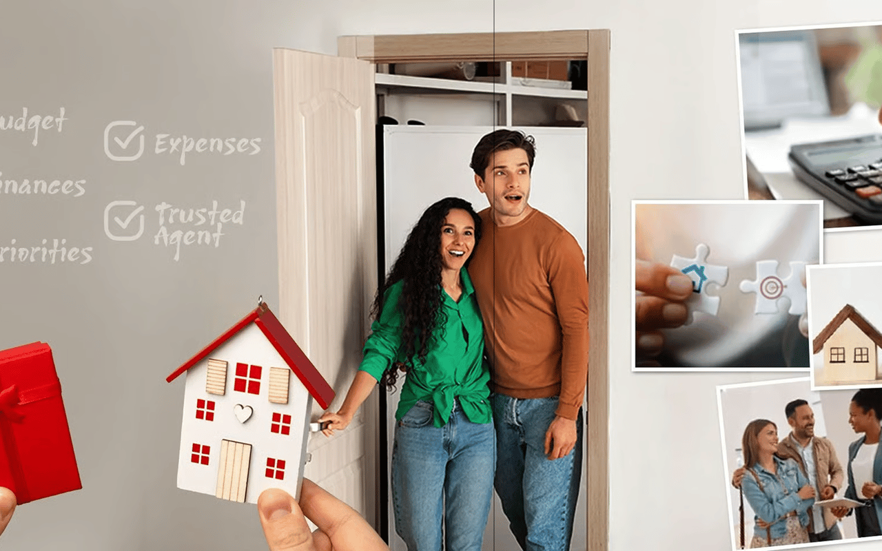 A smiling couple stands in a doorway beside a hand holding a model house, with home-buying imagery around them.