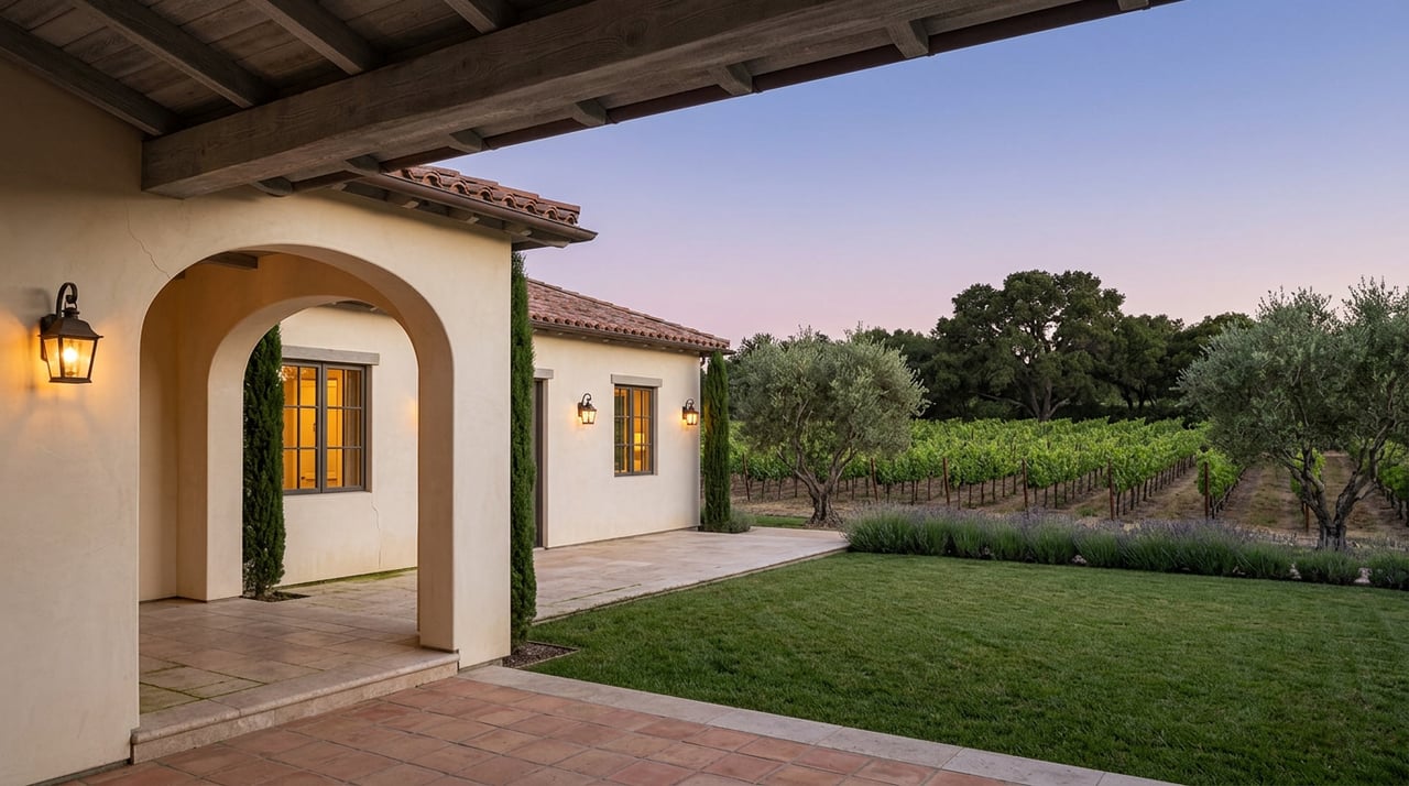 Mediterranean estate patio overlooks a lawn, trellised grape rows, olive trees, and a distant tree line at dusk.