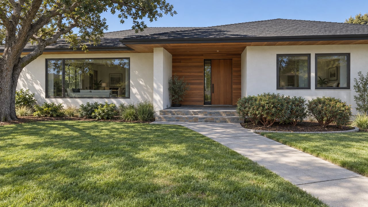 Updated single-story home with off-white stucco, cedar entry siding, a slate terrace and a deep lawn beneath a mature oak.