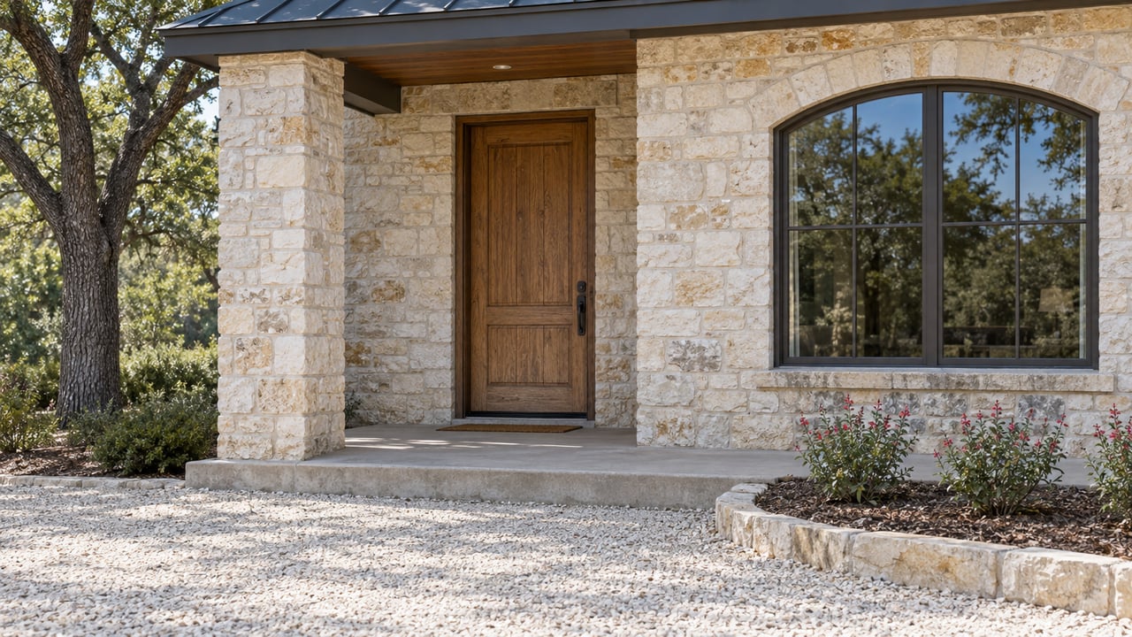 Limestone country-home porch with an oak door, arched window, gravel approach and red autumn sage beside a mature post oak.