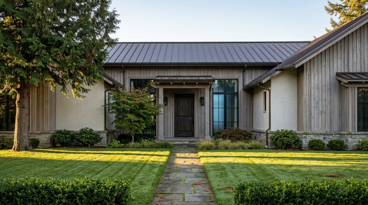 Gray cedar-and-stucco home with a dark central door, flagstone path, broad lawn, and mature conifer.