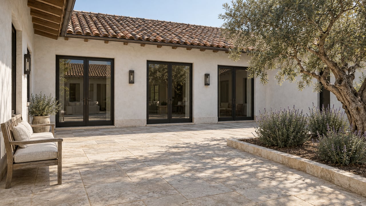 Sunlit courtyard with white stucco wings, clay tile roofs, bronze-framed glass doors, limestone paving and a mature olive tree.