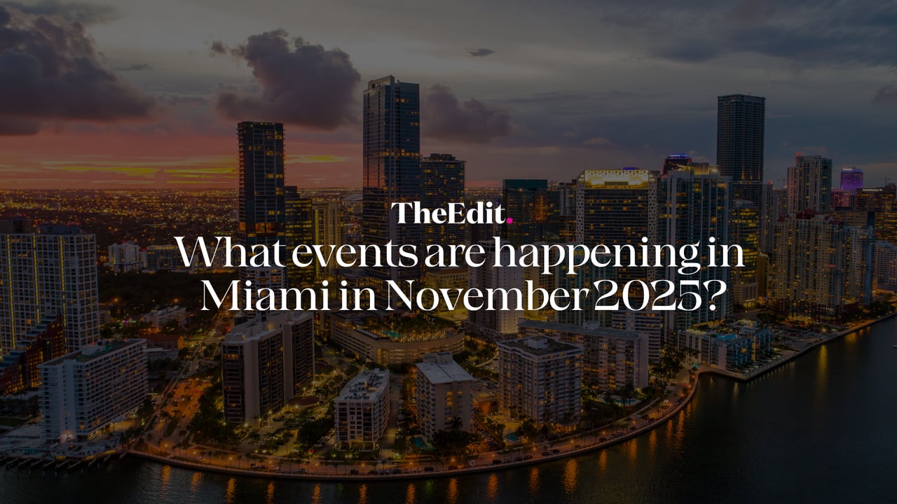 Miami downtown skyline at dusk with text overlay What events are happening in Miami in November 2025 by The Edit Real Estate