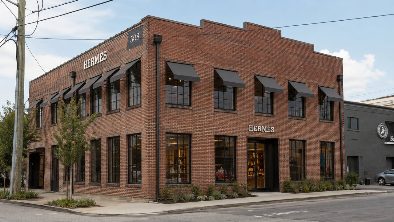 Brick Hermès storefront with black awnings on a neighborhood street.