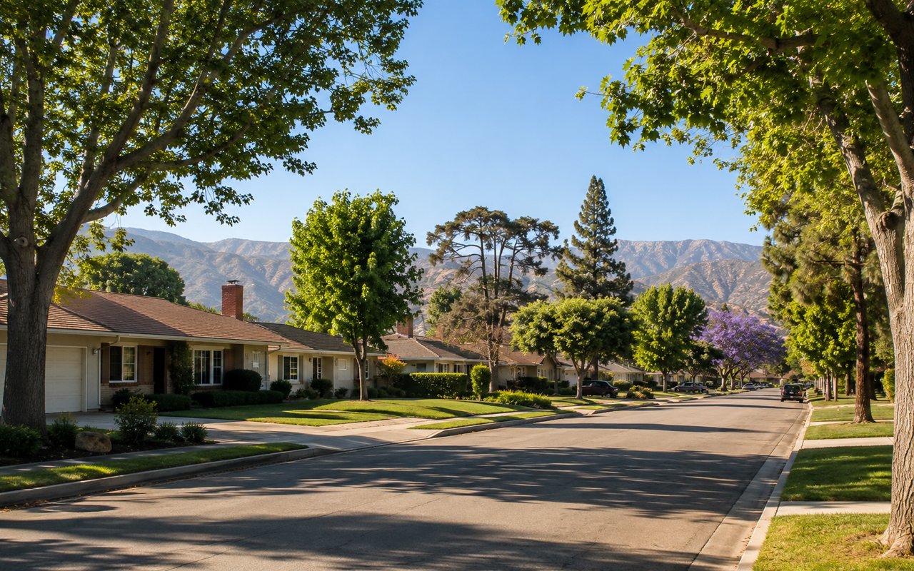 Leafy residential Northridge street with single-story homes near a neighborhood school on a clear day