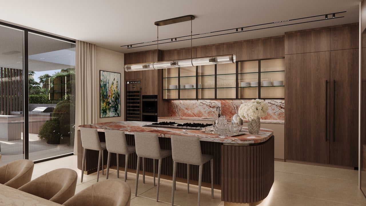 Contemporary kitchen with a marble island, dark wood cabinetry, and sliding glass doors to a landscaped patio.