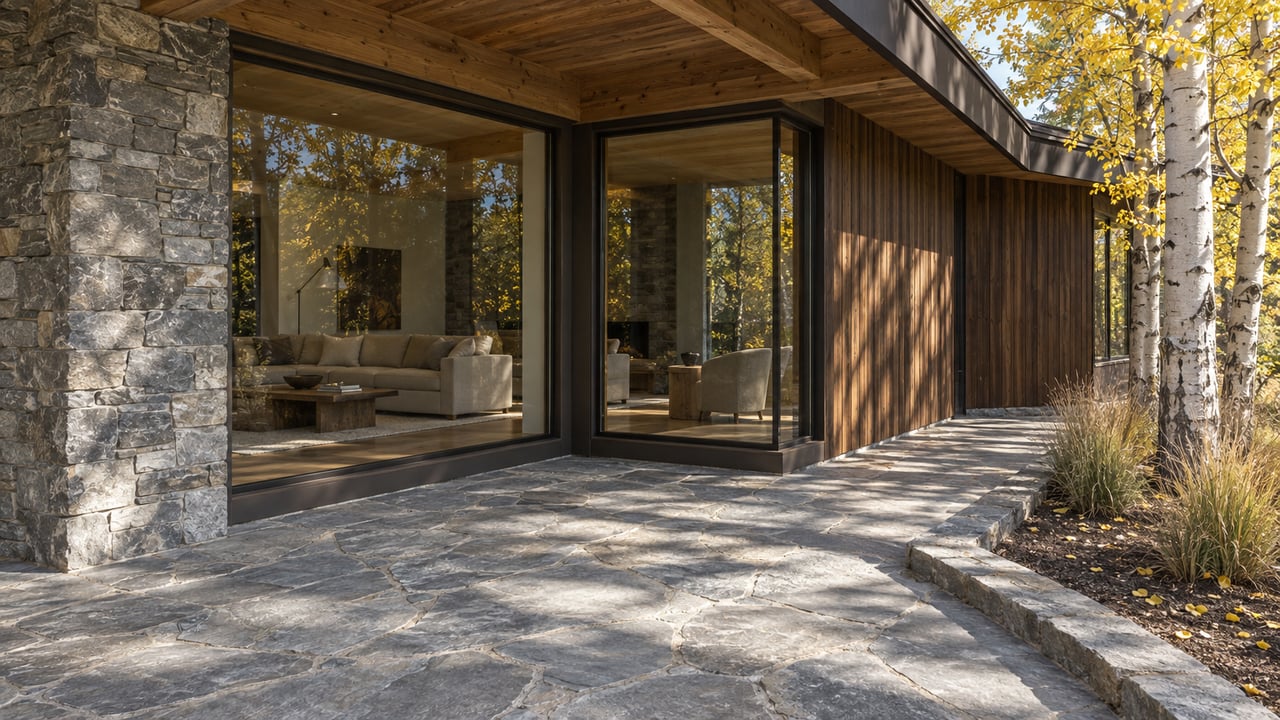Autumn light on a stone terrace beside a cedar-and-stone home, with sealed corner windows and yellow-leaved aspens.