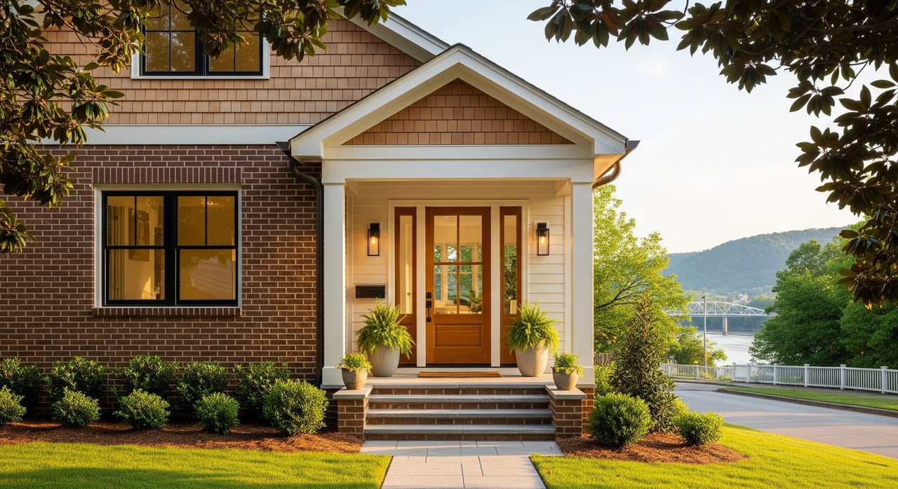 Brick-and-shingle house with a lit glass-paneled entry, front steps, and a river and wooded hills beyond.