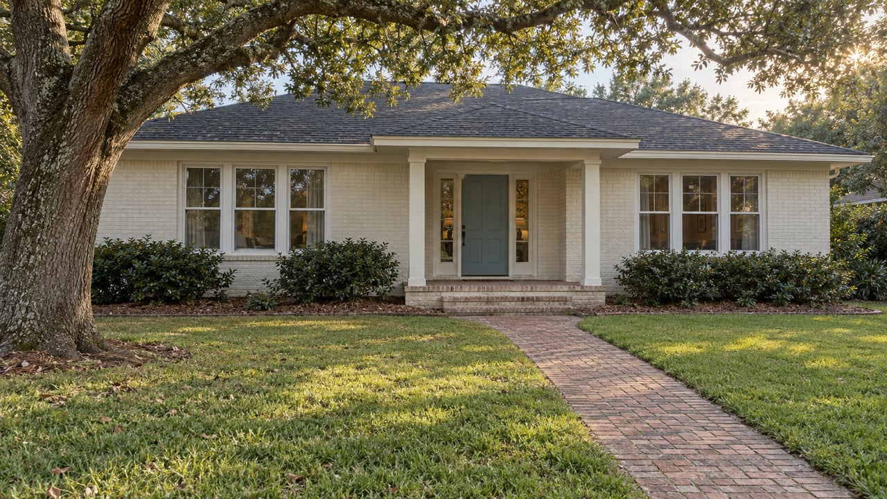 An ivory painted-brick home with a recessed porch, blue-green front door and broad front lawn beneath a mature live oak.