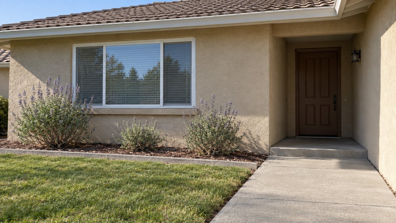 Sand-colored stucco home with a brown tiled roof, recessed front door, concrete approach and a small planted bed beside the lawn.
