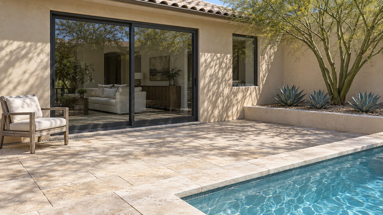 Sunlit stucco home and closed glass doors beside a limestone pool terrace, with a sculptural green-trunk tree and three agaves.