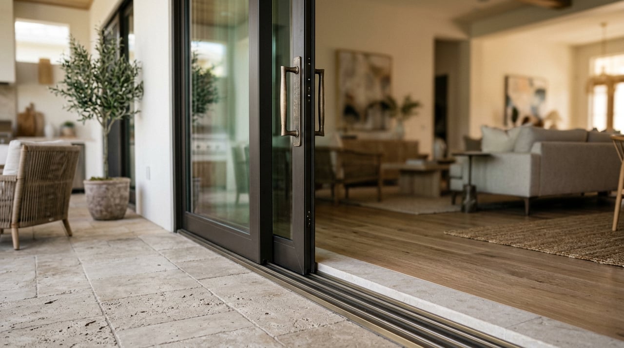 Open sliding glass door with a bronze pull and limestone threshold between a loggia and softly blurred interior.