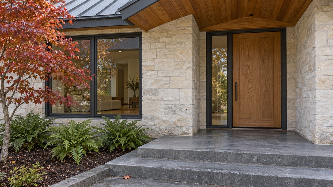 A covered entry with cedar soffit, pale stone walls, an oak door and basalt steps beside an autumn maple and sword ferns.