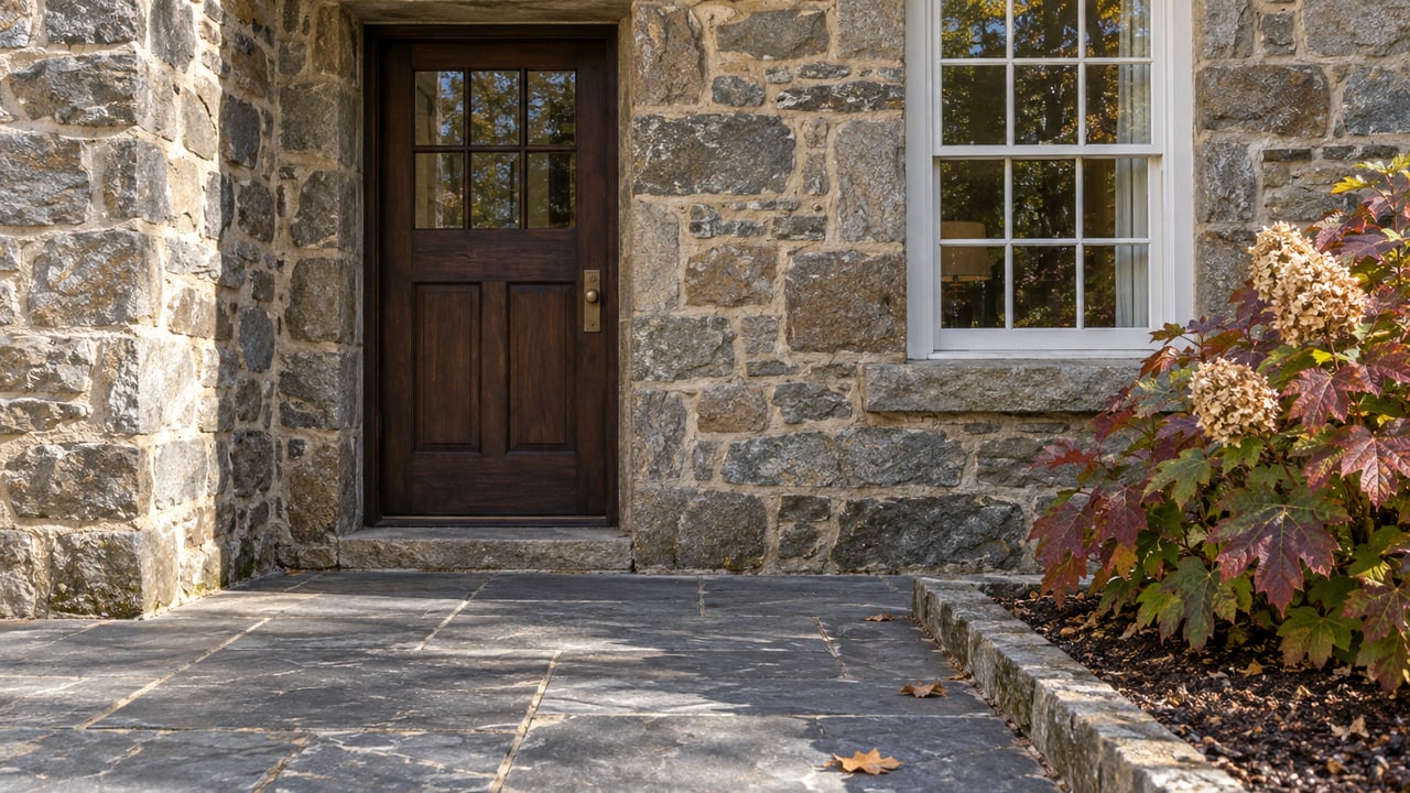 A recessed oak entry and white sash window in weathered fieldstone, above a slate terrace edged by an oakleaf hydrangea.