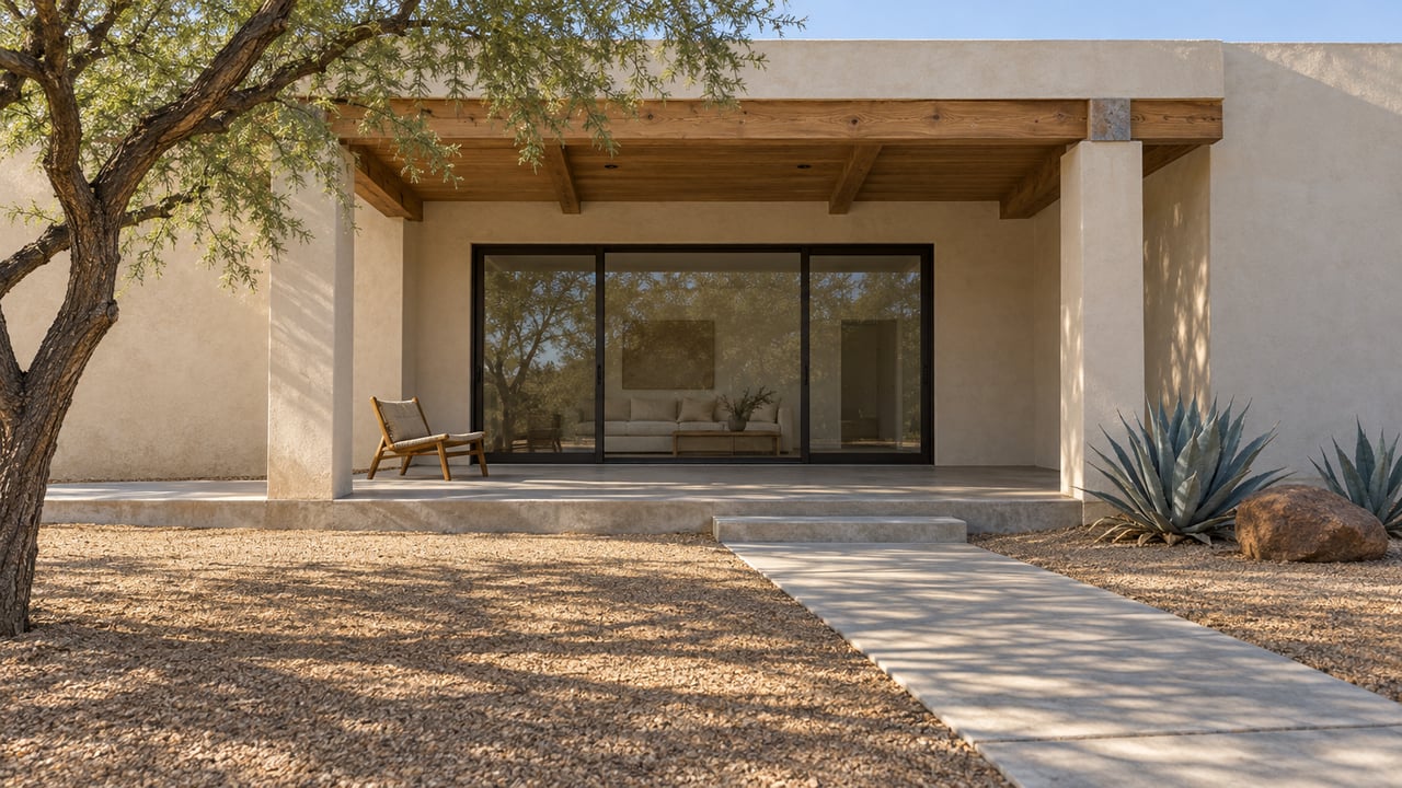 Pale stucco home with a shaded timber-roofed terrace, closed dark-framed glass doors, a concrete approach, velvet mesquite and two blue-gray agaves.