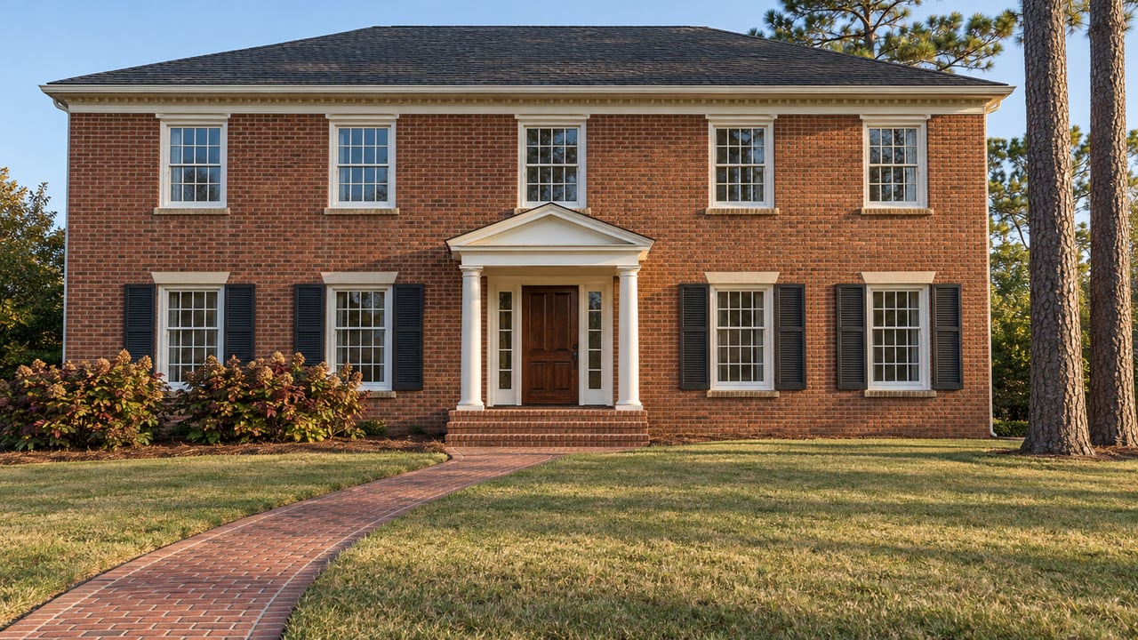 Red brick home with white entry columns, a broad front lawn, brick walkway, oakleaf hydrangeas, and tall pine trees in afternoon light.