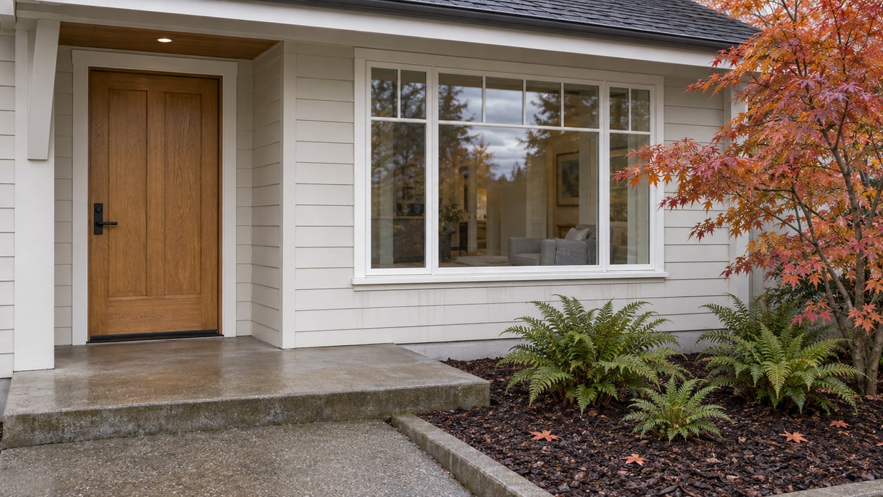 An oak front door and white-framed picture window beneath a shallow porch roof, with a damp concrete approach and autumn vine maple.