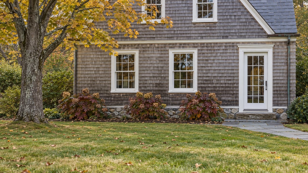 Weathered cedar-shingle house with white sash windows, a stone garden path and autumn sugar maple above a broad lawn.