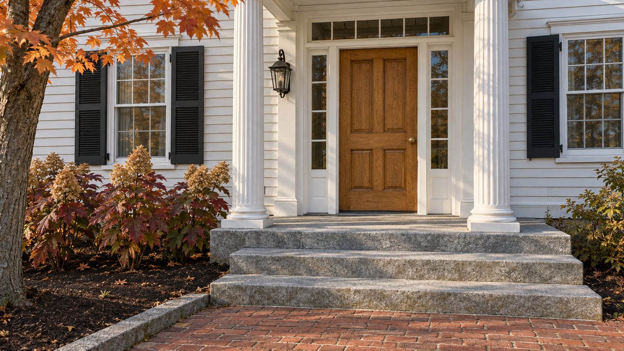 Morning light across a white clapboard home's oak entry door, fluted portico columns, granite steps and autumn planting.