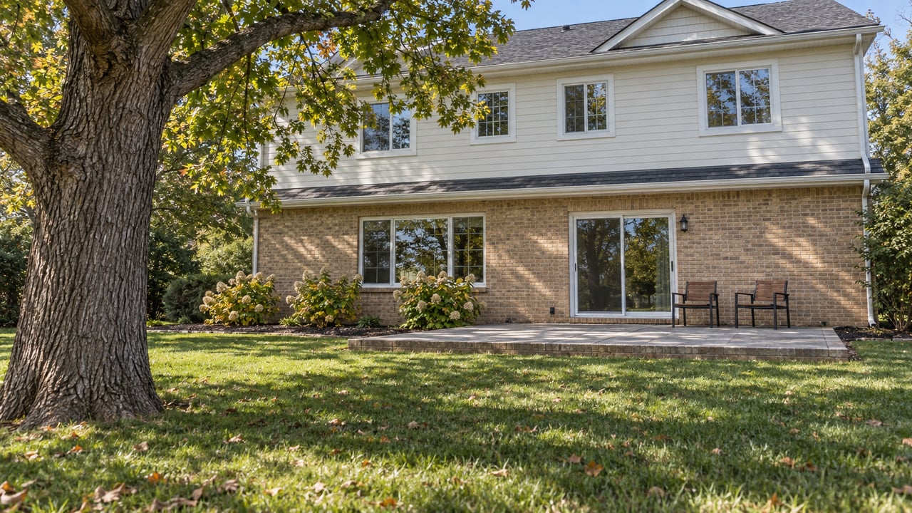 Updated two-story home with buff brick and ivory siding behind a deep lawn, a weathered patio and a mature oak beginning to show autumn color.